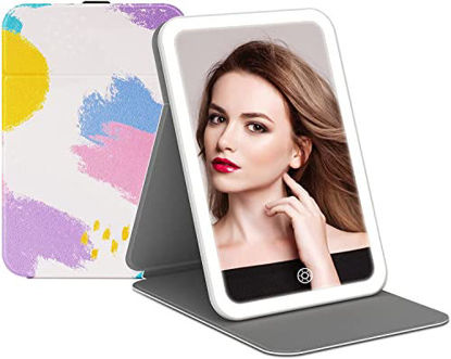 Picture of Rechargeable Travel Lighted Makeup Vanity Mirror with PU Leather Cover, Portable Travel Makeup Mirror with Lights, 3 Color Lighting,Touch Sensor Dimmable, Light Up Tabletop Cosmetic Mirror Folding