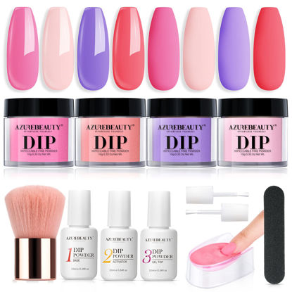 Picture of AZUREBEAUTY Pink Purple Coral Dip Powder Nail Starter Kit Summer, 4 Colors Portable Dipping Powder Set, French Nail Art Base&Top Coat Activator Essential Liquid Manicure No Lamp Needed