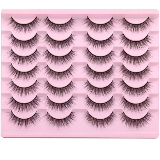 Picture of Wispy Lashes 12mm False Eyelashes Natural Look Short Fluffy Faux Mink Eyelashes Wispies Ripple Strip Lashes Pack, 14 Pairs