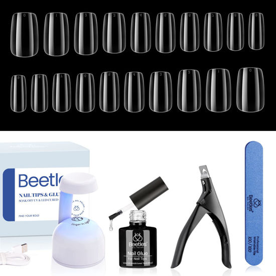 Picture of Beetles Easy Gel Tips Nail Extension Kit Short Square Pre-shaped False Nail Tips with 2 In 1 Nail Glue Gel Base Coat Fake Nails and Led Nail Lamp Acrylic Nail Clipper Easy Diy Fast Manicure Set