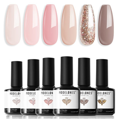 Picture of Modelones Nude Gel Nail Polish Set, 6 Colors Glitter Neutral Pink Summer Gel Polish Brown Tan All Seasons Skin Tones Soak Off Manicure Home Nail Art Design Starter Kit Salon Quality Holiday Gifts for Women Girls