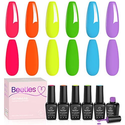 Picture of Beetles Gel Nail Polish Kit, 6 Colors Hot Pink Neon Orange Gel Nail Polish Green Blue Purple Gel Polish Set Soak Off UV Nail Lamp Gel Nail Kits Cured Manicure Summer Nails Design Gifts for Women