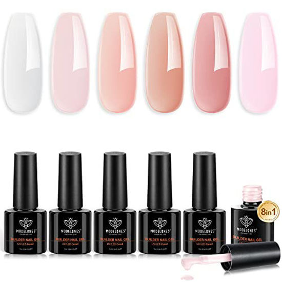 Picture of modelones Builder Nail Gel Set, 6 Colors Gel Builder 8-in-1, Jelly Nude Pink Hard Gel Builder Nail Strengthener Extension Gel Color Base Gel Rhinestone Nail Tips Glue Gel in a Bottle, Gifts for Women