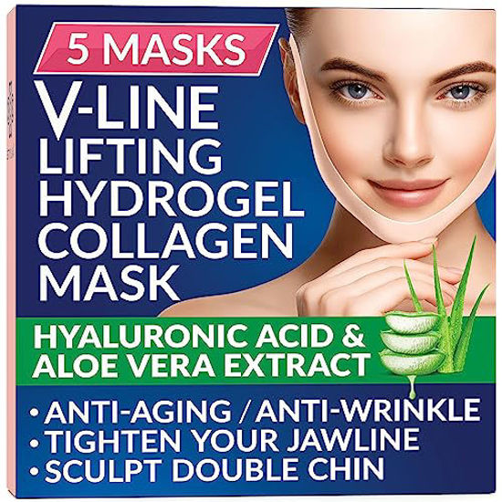 Picture of 5 Piece Double Chin Tightener - V Line Shaping Face Masks - Toning Hydrogel Collagen Mask with Hyaluronic Acid & Aloe Vera - Anti-Aging and Anti-Wrinkle Band