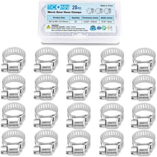 Picture of TICONN 20PCS Hose Clamp Set - 3/8''-5/8'' 304 Stainless Steel Worm Gear Hose Clamps for Pipe, Intercooler, Plumbing, Tube and Fuel Line