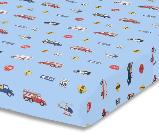 Picture of Baby Boy Fitted Crib Sheet Police, Fire and Rescue, 100% Soft Breathable Microfiber Baby Sheet, Fits Standard Size Crib Mattress 28in x 52in, Nursery Sheet