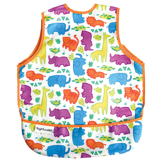 Picture of Tiny Twinkle Mess Proof Baby Bib - Waterproof Baby Apron - Machine Washable - PVC, BPA, & Phthalate Free - Great Travel Bib for Baby Eating - Baby Food Bibs (Bright Safari, Large 2-4 Years)