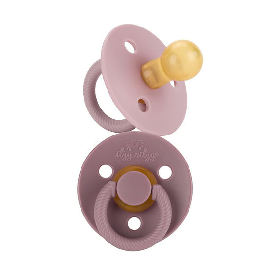 Picture of Itzy Ritzy Natural Rubber Pacifiers, Set of 2 - Natural Rubber Newborn Pacifiers with Cherry-Shaped Nipple & Large Air Holes for Added Safety; Set of 2 in Orchid & Lilac, Ages 0 - 6 Months