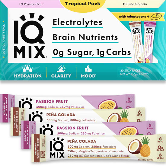 Picture of IQMIX Sugar Free Electrolytes Powder Packets - Hydration Supplement Drink Mix with Keto Electrolytes, Lions Mane, Magnesium L-Threonate, and Potassium Citrate - New Tropical Variety Pack (20 Count)