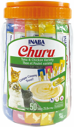 Picture of INABA Churu Cat Treats, Grain-Free, Lickable, Squeezable Creamy Purée Cat Treat/Topper with Vitamin E & Taurine, 0.5 Ounces Each Tube, 50 Tubes, Tuna & Chicken Variety