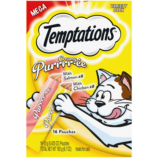 Picture of Temptations Creamy Puree with Chicken and Salmon, Variety Pack of Lickable Cat Treats, 0.42 Oz Pouches, 16 Count