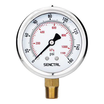 Picture of SENCTRL 0-160 Psi Glycerin Liquid Filled Air Pressure Gauge, 2.5" Dial Size, 1/4" NPT Lower Mount, Stainless Steel Case, Water Pump, Tire, Large Air Compressor, Well Pump, RV Regulator Pressure Test