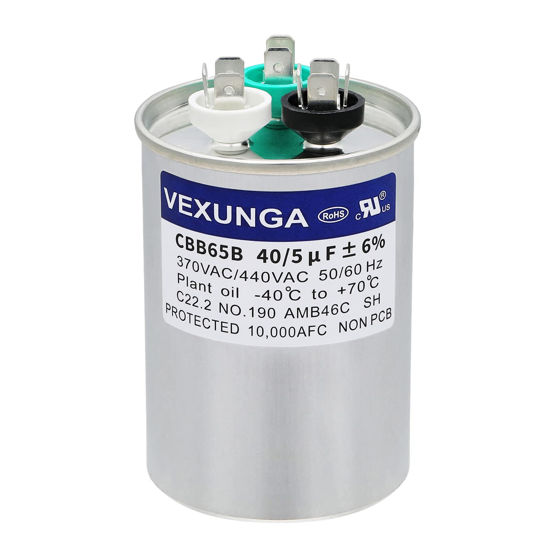 Picture of VEXUNGA 40/5 uF 40+5 MFD 370VAC or 440VAC Dual Run Start Round A/C Capacitor CBB65 CBB65B Air Conditioner Capacitors for AC Unit Fan Motor Start or Heat Pump or Condenser Straight Cool