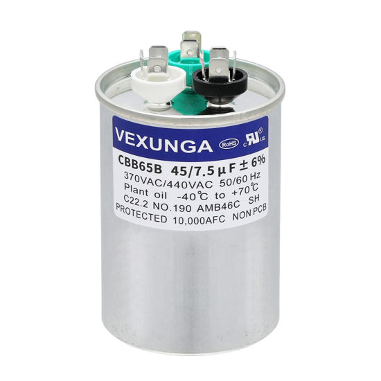 Picture of VEXUNGA 45/7.5 uF 45+7.5 MFD 370V or 440V Dual Run Start Round A/C Capacitor CBB65 CBB65B Air Conditioner Capacitors for AC Unit Fan Motor Start or Heat Pump or Condenser Straight Cool