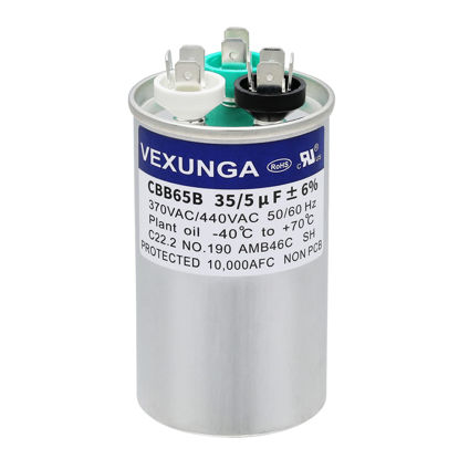 Picture of VEXUNGA 35/5 uF 35+5 MFD 370V or 440V Dual Run Start Round A/C Capacitor CBB65B Air Conditioner Capacitors for AC Unit Fan Motor Start or Heat Pump or Condenser Straight Cool