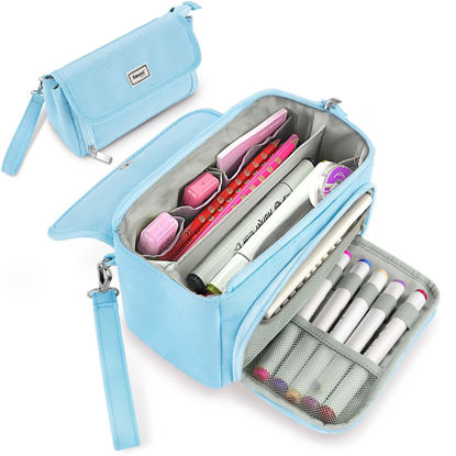 Picture of Sooez Large Pencil Case,Big Capacity Pencil Bag with 3 Compartments,Cute Canvas Pencil Pouch Organizer with Zipper, Portable Stationery Pen Bag, Cute Aesthetic School Supplies For Teen Girls,Sky Blue