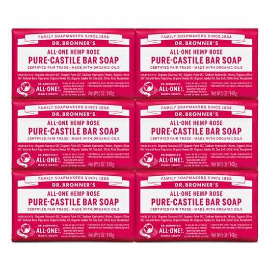 Picture of Dr. Bronner's - Pure-Castile Bar Soap (Rose, 5 ounce, 6-Pack) - Made with Organic Oils, For Face, Body and Hair, Gentle and Moisturizing, Biodegradable, Vegan, Cruelty-free, Non-GMO