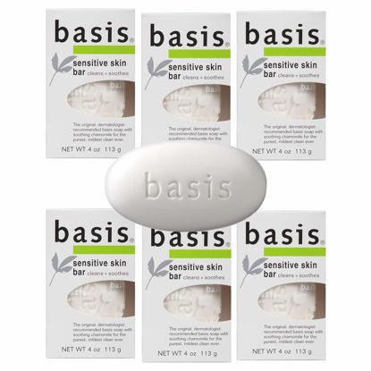 Picture of Basis Sensitive Skin Bar Soap - Cleans and Soothes with Chamomile and Aloe Vera, Use as Body Wash or Hand Soap - Pack of 6