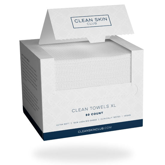 Picture of Clean Skin Club Clean Towels XL, 100% USDA Biobased Dermatologist Approved Face Towel, Disposable Clinically Tested Face Towelette, Facial Washcloth, Makeup Remover Dry Wipes, Ultra Soft, 50 Ct,1 Pack