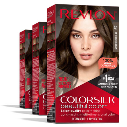 Picture of Revlon Permanent Hair Color, Permanent Hair Dye, Colorsilk with 100% Gray Coverage, Ammonia-Free, Keratin and Amino Acids, 041 Medium Brown, (Pack of 3)