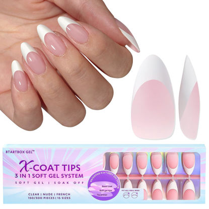 Picture of BTArtboxnails French Tips Gel Nail Tips, 150Pcs French Tip Press on Nails Pink Medium Almond 3 in 1 X-coat Tips, Pre-applied Tip Primer & Base Coat Cover, 15 Sizes Pre-french No Need to File Soft Gel Fake Nails for Nail Extension Easy DIY