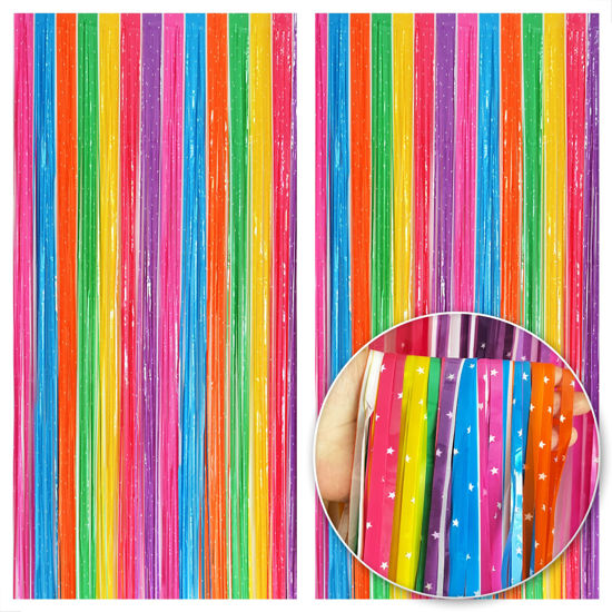 Picture of KatchOn, Sparkling Rainbow Fringe Curtain - 6.4x8 Feet, Pack of 2 | Sparkling Rainbow Foil Curtain for Rainbow Baby Shower Decorations | Rainbow Metallic Streamers for Birthday, Pride Decorations