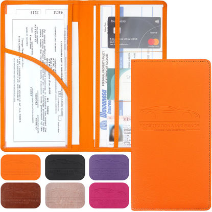 Picture of Car Registration and Insurance Holder, Premium Leather Registration and Insurance Card Holder,vehicle Glove Box Car Organizer,wallet Accessories Case with Magnetic Shut for Cards, Essential Document, Driver License (Orange)