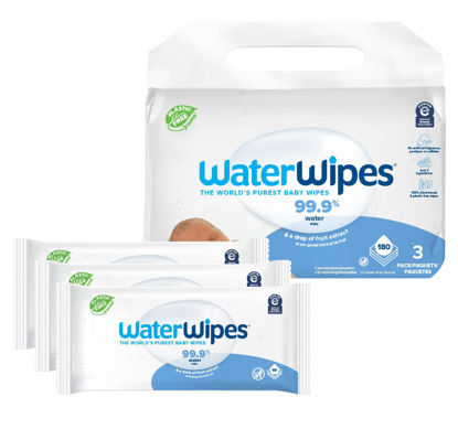 Picture of WaterWipes Plastic-Free Original 99.9% Water Based Wipes, Unscented & Hypoallergenic for Sensitive Skin, 180 Count (3 packs), Packaging May Vary