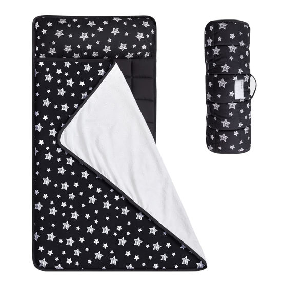 Picture of Toddler Sleeping Bag Nap Mat Black with Removable Pillow and Fleece Minky Blanket, Lightweight, Soft Perfect for Kids Preschool, Daycare, Travel Sleeping Bag Boys Girls, 21" x 50" Fit Standard Cot