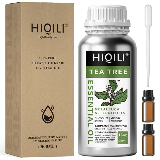 Picture of HIQILI Pure and Nature Tea Tree Essential Oil, Organic Tea Tree Oil for Skin, Hair, Face,Toenail,Diffuser,Shampoo,Soap,Cleaning and Foot Soak,Large Bottle with Dropper -16Oz