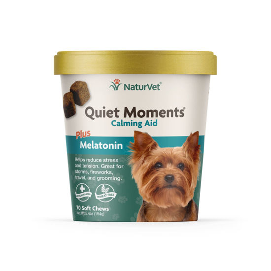 Picture of NaturVet Quiet Moments Calming Aid Dog Supplement - Helps Promote Relaxation, Reduce Stress, Storm Anxiety, Motion Sickness for Dogs - Tasty Pet Soft Chews with Melatonin - 70 Ct.