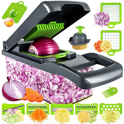 Vegetable Chopper 16 in 1, 9 Blade Veggie Food Chopper with Container 1.2L,  Slicer Dicer Cutter with Self-Cleaning Button for Kitchen Onion Garlic