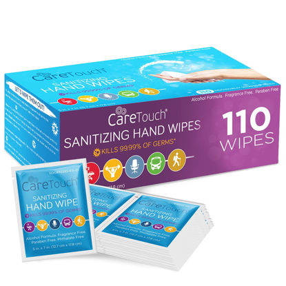 Picture of Care Touch Hand Sanitizer Wipes - 110 Hand Wipes Individually Wrapped - Travel Size Hand Wipe - Individual Wipes - Sanitizing Wet Wipes for Home, Office & Outdoor Use - Wet Wipes Individually Wrapped