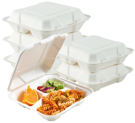 Picture of ECOLipak 50 Pack Clamshell Take Out Food Containers, 100% Compostable Disposable To Go Containers, 8X8 3-Compartment Heavy-Duty To Go Boxes for Food