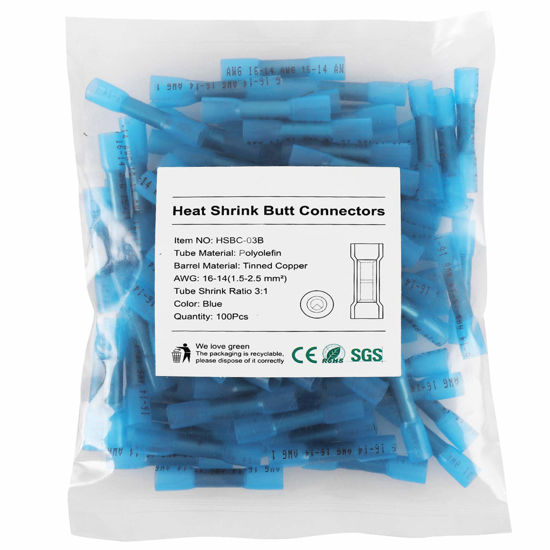 Picture of Heat Shrink Butt Connectors, 500Pcs 16-14 AWG Blue Insulated Waterproof Electrical Wire Connectors Automotive Marine Grade Wire Crimp Terminals Butt Splices, Ideal for Boat, Truck, Stereo