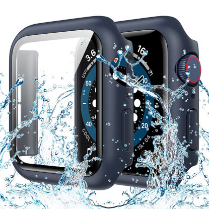 Picture of Goton Waterproof Case for Apple Watch 44mm SE (2nd Gen) Series 6 5 4 with Tempered Glass Screen Protector, iWatch Full Protective Hard PC Bumper Case Face Cover for Men Women 44 mm Blue