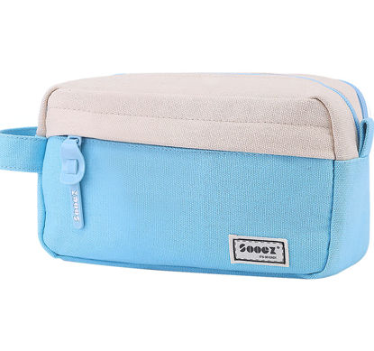 Picture of Sooez Big Capacity Pencil Pen Case, [Material Upgraded] Canvas Pencil Pouch Large Pencil Bag Organizer, Separate Compartments Easy Grip Handle, Aesthetic Supply for School Teens Adults, Light Blue