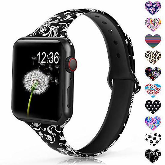 Picture of Sunnywoo Sport Band Compatible with Apple Watch 38mm 40mm 42mm 44mm, Narrow Soft Fadeless Floral Silicone Slim Thin Replacement Wristband for iWatch Series 4/3/2/1 Women Men