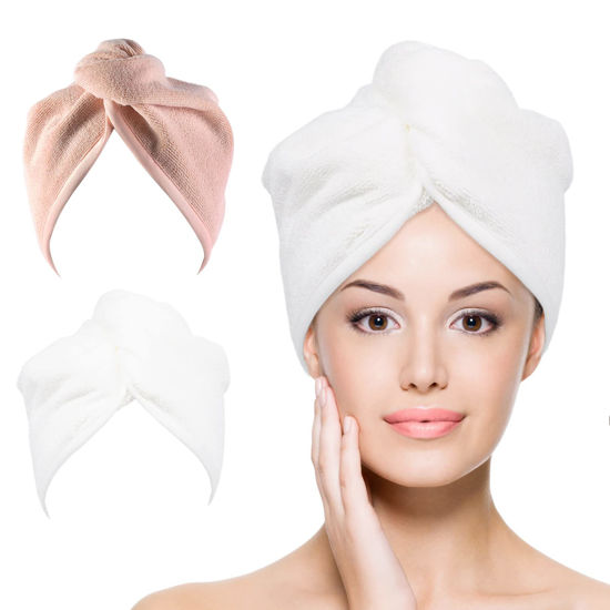 Picture of YoulerTex Microfiber Hair Towel Wrap: Women 2 Pack 10 inch X 26 inch, Super Absorbent Quick Dry Hair Turban for Drying Curly Long & Thick Hair (Peachy Beige+White)