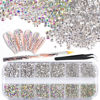 Picture of 3600pcs Round Glass AB and Transparent White Rhinestones 6 Sizes Flatback Crystal Gem Jewel Decoration for Nail Art, Tweezer and Pickup Pen included