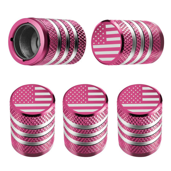 Picture of Tire Valve Stem Cap Cover - (5 Pack) Tire Air Cap Metal with Plastic Liner Corrosion Resistant Leak-Proof American Flag for Car Truck Motorcycle Bike Pink