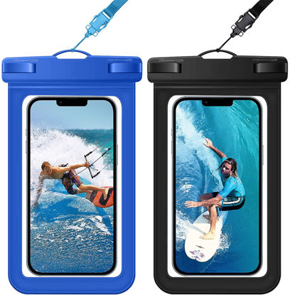 Picture of SUPFINE 2 Pcs Waterproof Phone Pouch, Large Waterproof Cell Phone Case, IPX8 Waterproof Dry Bag with Lanyard for iPhone 14 Pro Max/ 13/12/ 11/ Galaxy S23 Ultra S22 Swimming- Black/Sapphire Blue