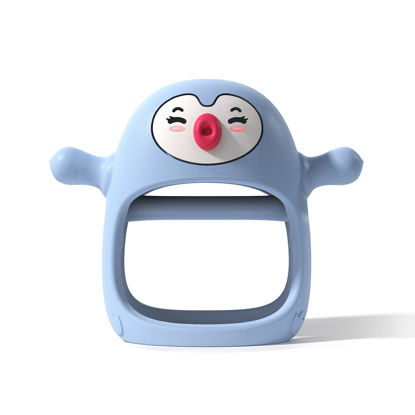 Picture of Smily Mia Shy Penguin Baby Teething Toys 0-6Months, Baby Teething Mitten for 0-6Months, Teething Pacifier with Cute Shy Face, LightBlue