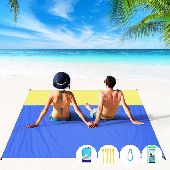 Picture of BYDOLL Beach Blanket 81''×83'' 4-7 Adults Oversized Lightweight Waterproof Sandproof Beach Blanket Large Picnic Mat Beach Blanket for Beach Travel Camping Hiking Picnic