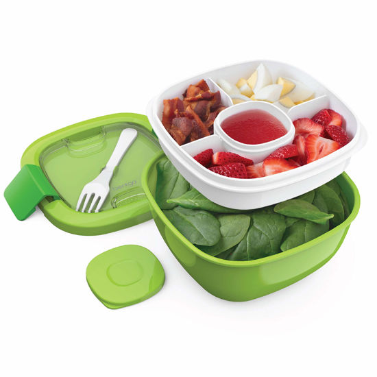 Picture of Bentgo® Salad - Stackable Lunch Container with Large 54-oz Salad Bowl, 4-Compartment Bento-Style Tray for Toppings, 3-oz Sauce Container for Dressings, Built-In Reusable Fork & BPA-Free (Green)