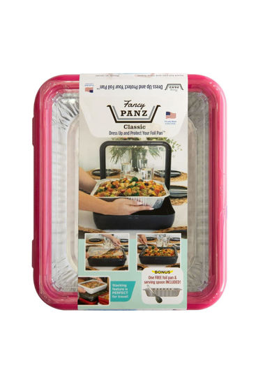 Picture of Fancy Panz Classic, Dress Up & Protect Your Foil Pan, Made in USA, Fits Half Size Foil Pans. Foil Pan & Serving Spoon Included. Hot or Cold Food. Stackable for easy travel. BPA free (Hot Pink)