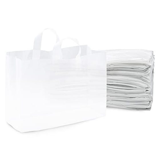 Amazon.com: Clear Plastic Bags with Handles - 50 Pack Medium Frosted White  Gift Bags with Cardboard Bottom, Shopping Totes in Bulk for Retail Stores,  Merchandise, Business, Boutique, Take Out, Parties - 10x5x13 :