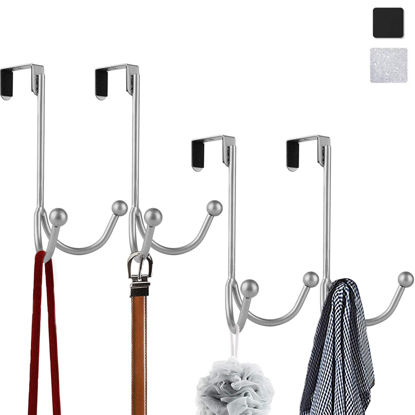 Picture of HFHOME 4Packs Over The Door Double Hanger Hooks, Metal Twin Hooks Organizer for Hanging Coats, Hats, Robes, Towels- Silver