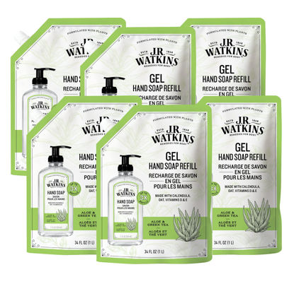 Picture of J.R. Watkins Gel Hand Soap Refill Pouch, Scented Liquid Hand Wash for Bathroom or Kitchen, USA Made and Cruelty Free, 34 fl oz, Aloe & Green Tea, 6 Pack