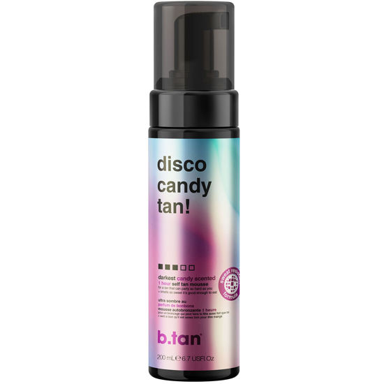 Picture of b.tan Dark Self Tanner | Disco Candy Tan - Fast, 1 Hour Sunless Tanner Mousse, Candy-Scented, Sweat-Proof & Transfer Resistant, No Fake Tan Smell, No Added Nasties, Vegan, Cruelty Free, 6.7 Fl Oz